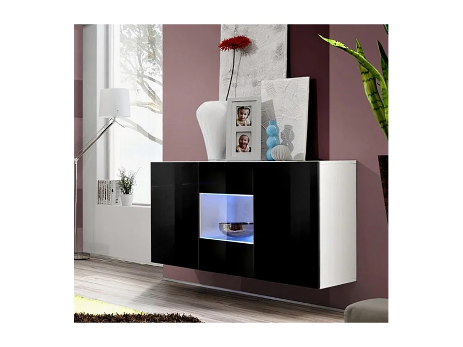 Bahut Buffet pour Salon Salle à manger en Blanc et Noir avec LED 120x40x70cm Nora A2