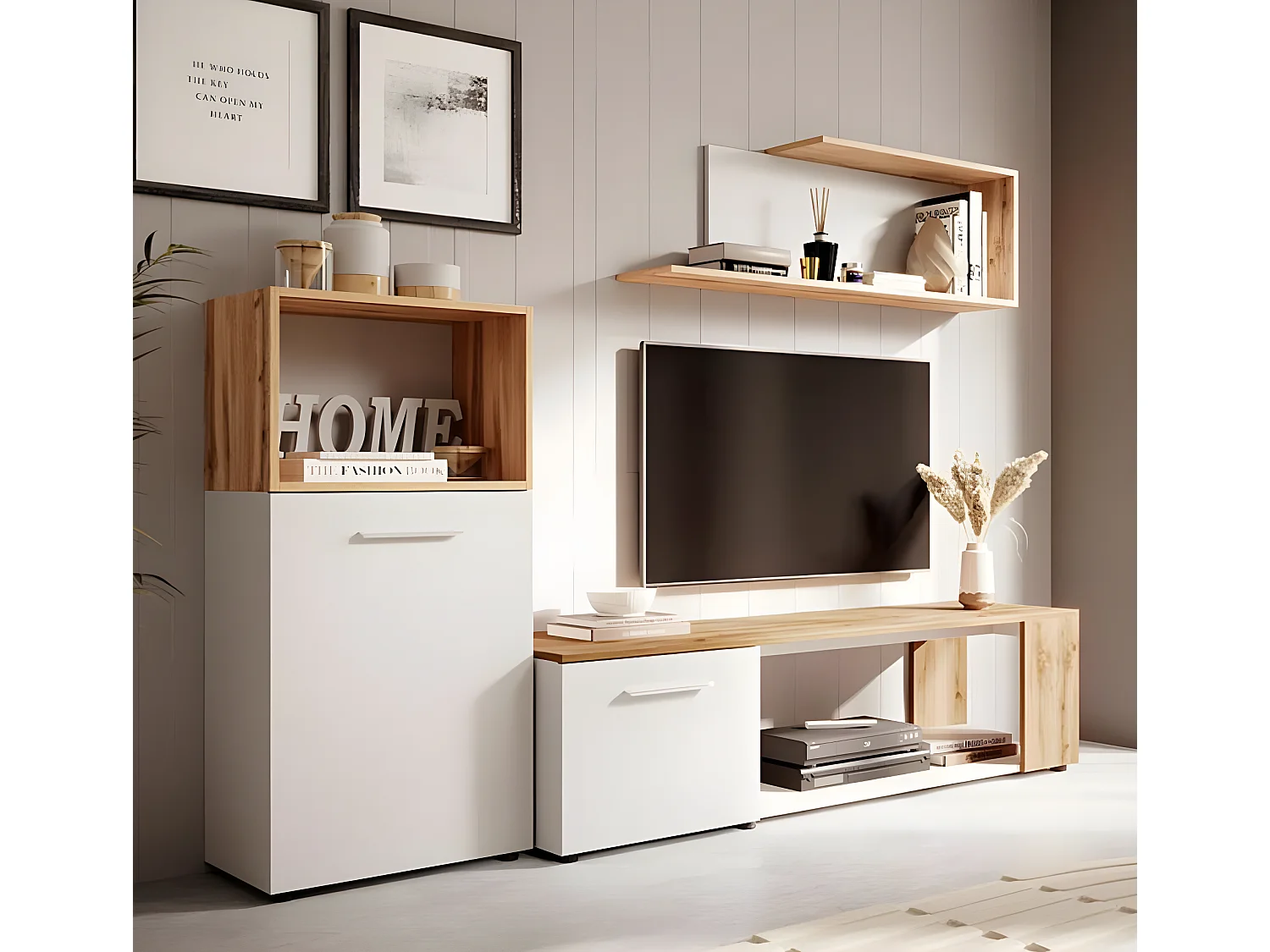 Meuble tv mural pour Salon Salle à manger en Coleur Blanc et Chêne 200x40x160cm Romina