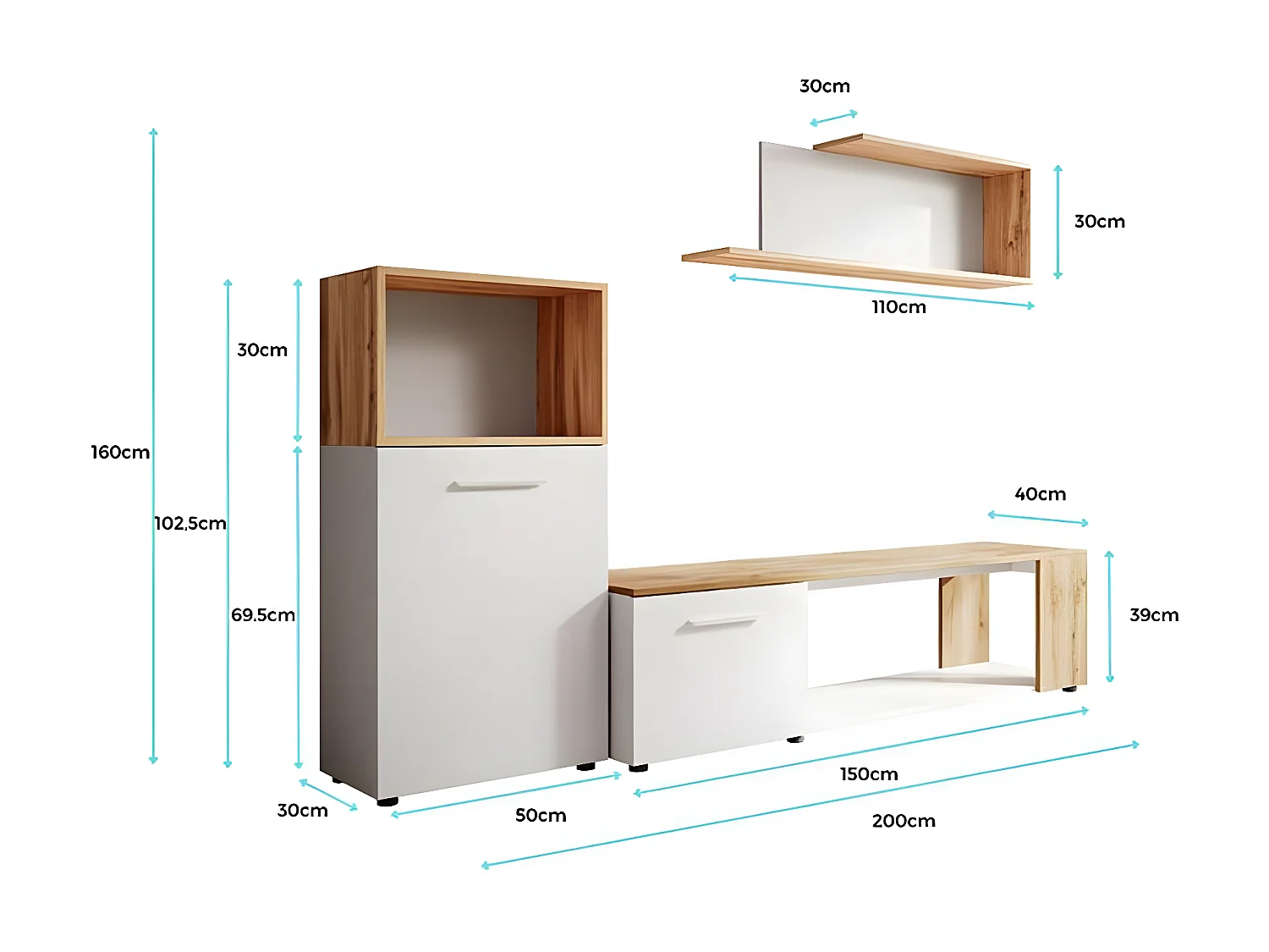 Meuble tv mural pour Salon Salle à manger en Coleur Blanc et Chêne 200x40x160cm Romina