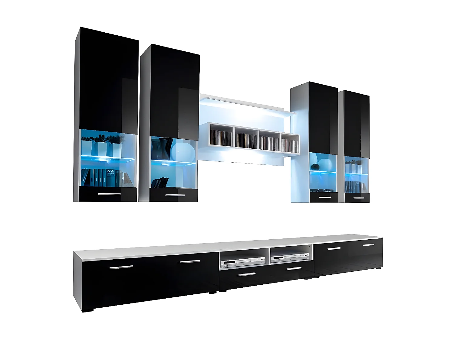 Meuble tv mural pour Salon Salle à manger en Noir avec LED 300x45,6x190cm Arlesa