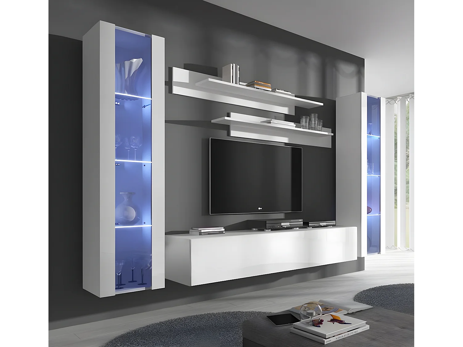 Meuble tv mural pour Salon Salle à manger en Blanc avec LED 260x40x160cm Nora 8