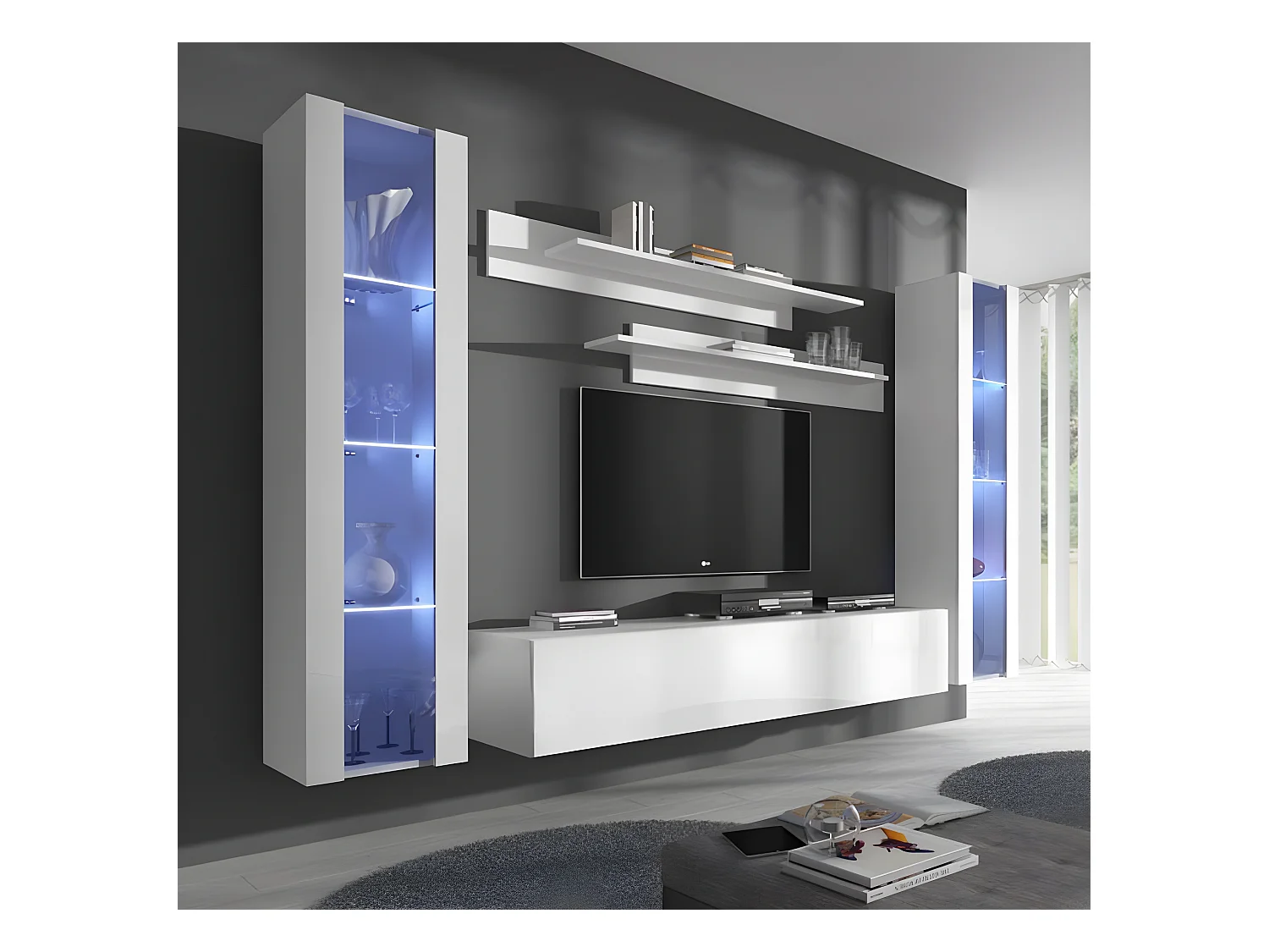 Meuble tv mural pour Salon Salle à manger en Blanc avec LED 260x40x160cm Nora 8