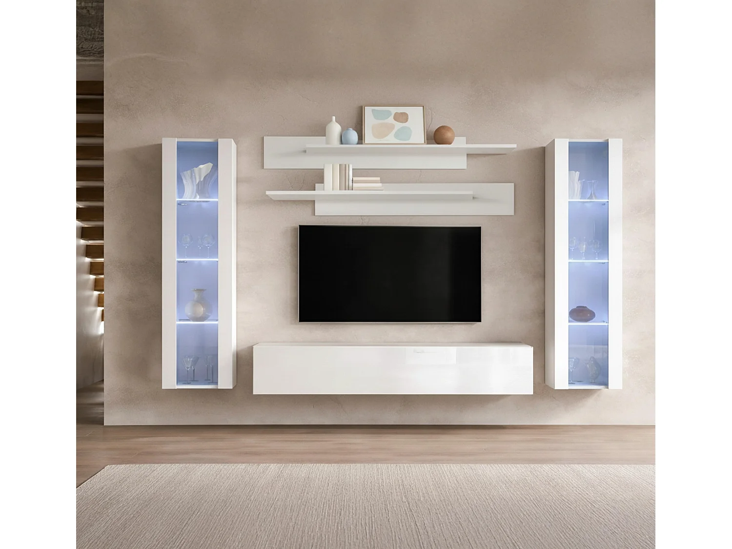 Meuble tv mural pour Salon Salle à manger en Blanc avec LED 260x40x160cm Nora 8
