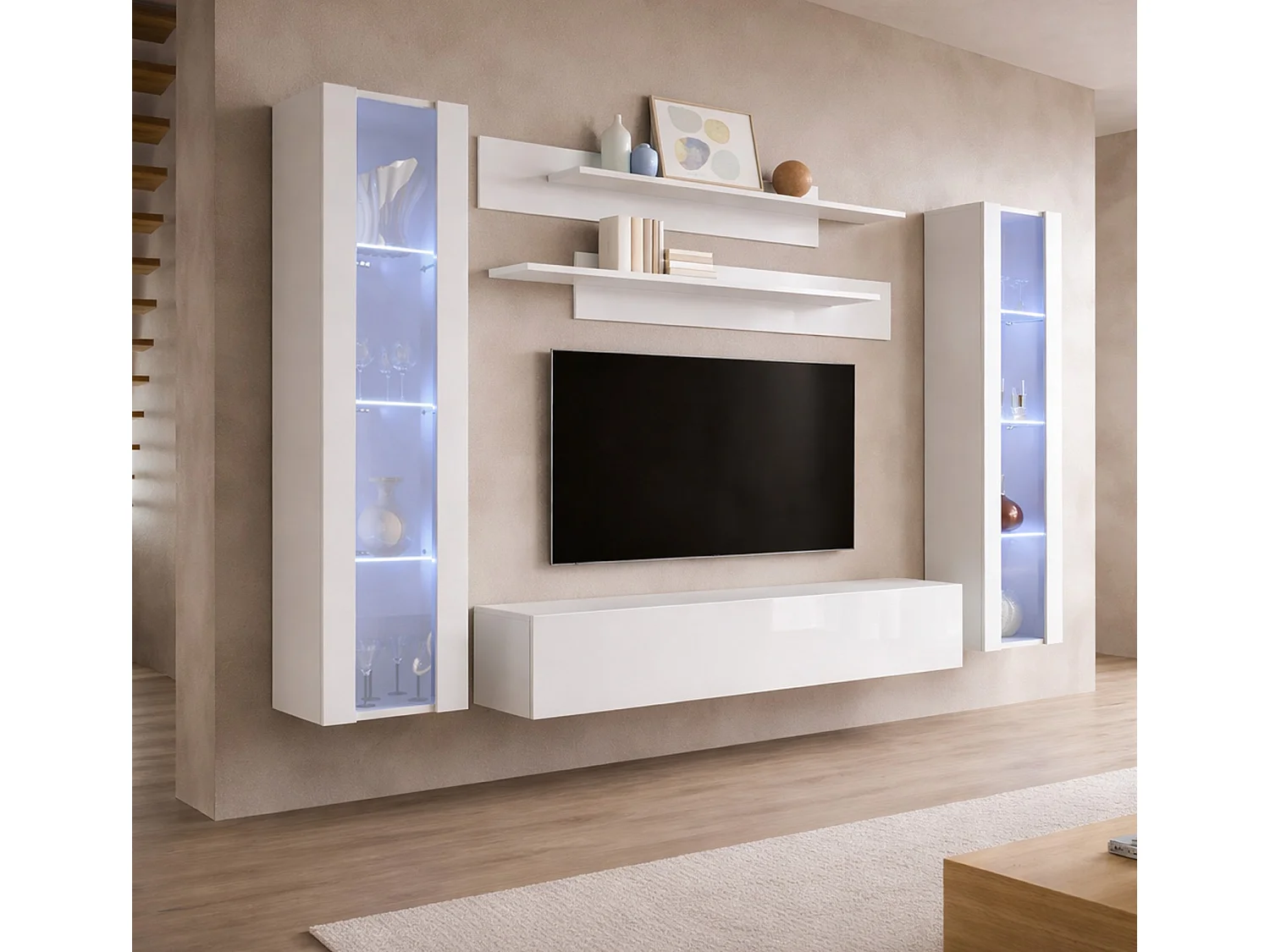Meuble tv mural pour Salon Salle à manger en Blanc avec LED 260x40x160cm Nora 8