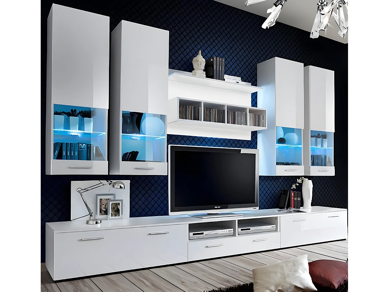 Meuble tv mural pour Salon Salle à manger en Blanc avec LED 300x45,6x190cm Arlesa