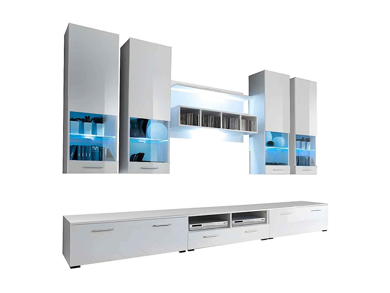 Meuble tv mural pour Salon Salle à manger en Blanc avec LED 300x45,6x190cm Arlesa