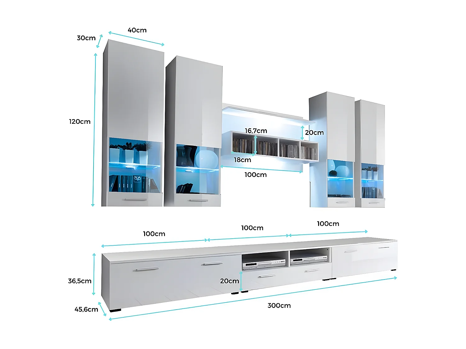 Meuble tv mural pour Salon Salle à manger en Blanc avec LED 300x45,6x190cm Arlesa