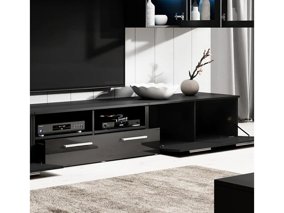 Meuble tv mural pour Salon Salle à manger en Noir avec LED 300x45,6x190cm Acosta