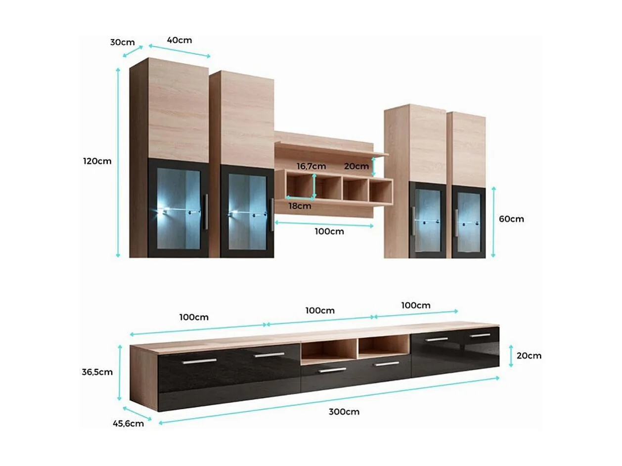 Meuble tv mural pour Salon Salle à manger en Noir avec LED 300x45,6x190cm Acosta