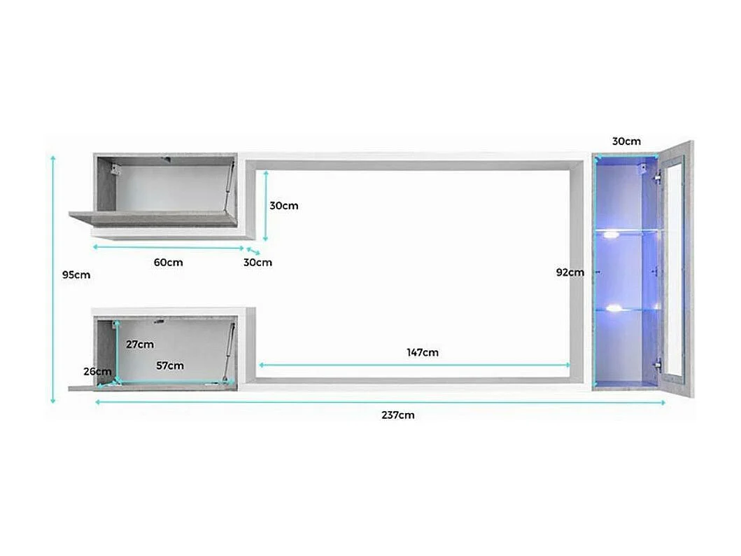 Mueble de salón para Salón comedor en Blanco y Gris con LED 237x30x95cm Urko