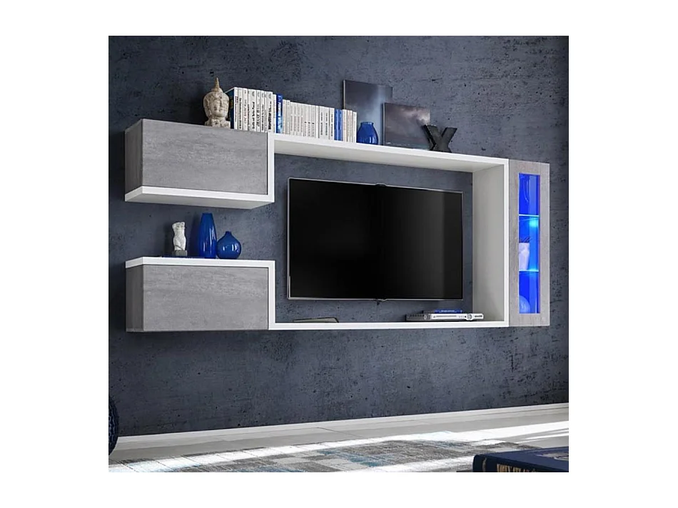 Meuble tv mural pour Salon Salle à manger en Blanc et Gris avec LED 237x30x95cm Urko