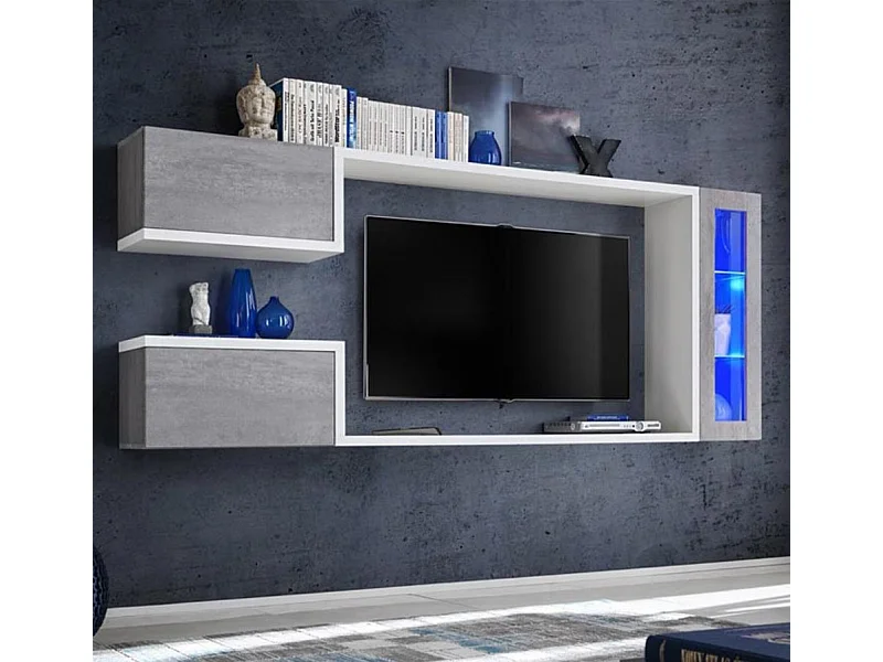 Meuble tv mural pour Salon Salle à manger en Blanc et Gris avec LED 237x30x95cm Urko