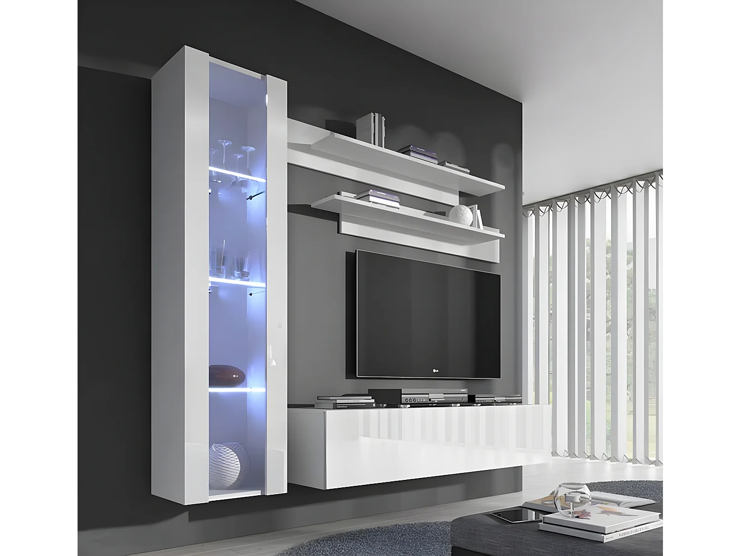 Meuble tv mural pour Salon Salle à manger en Blanc avec LED 210x40x160cm Nora 2