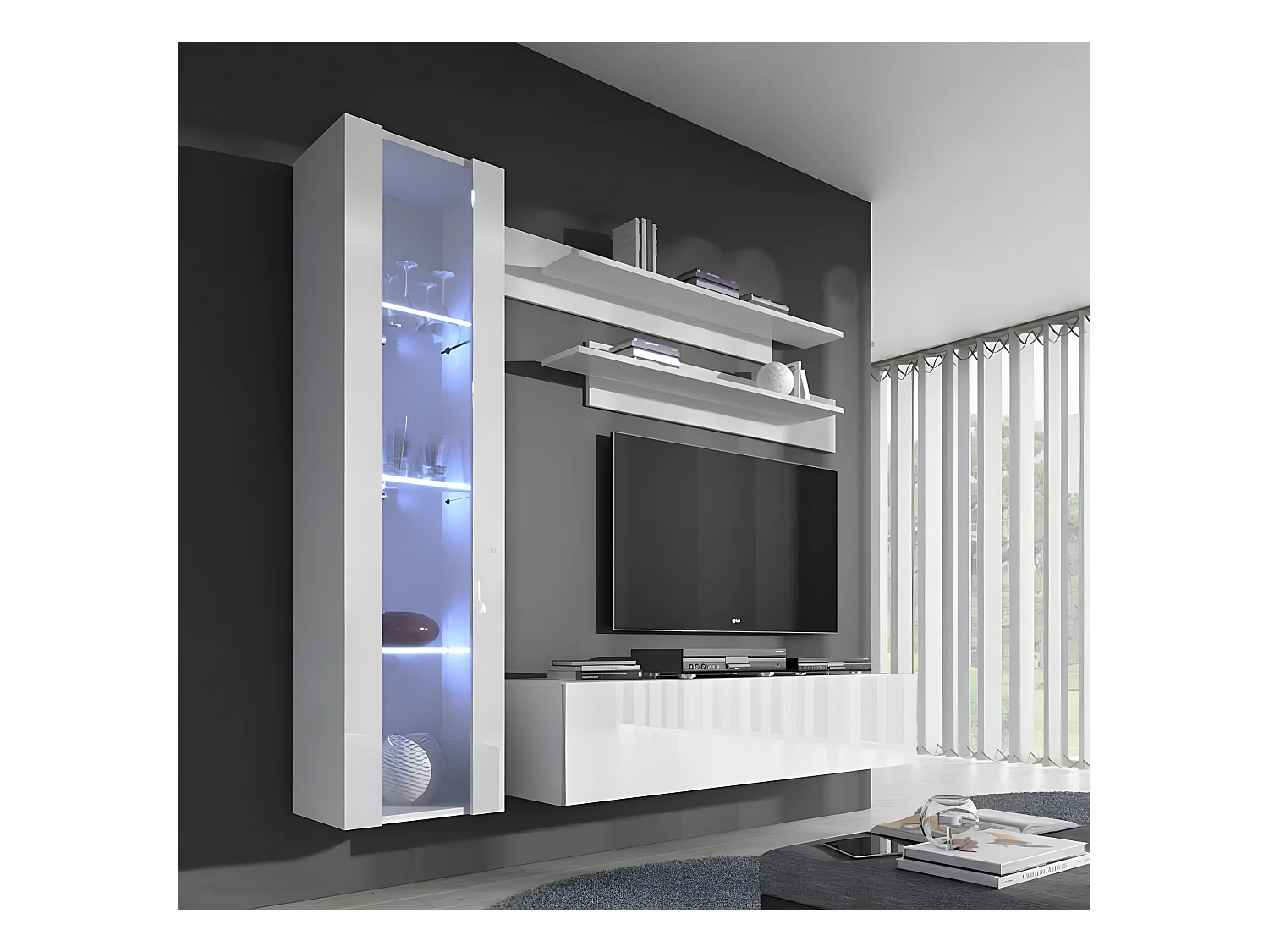 Meuble tv mural pour Salon Salle à manger en Blanc avec LED 210x40x160cm Nora 2