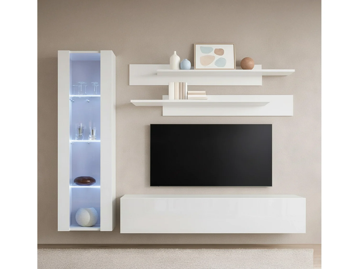 Meuble tv mural pour Salon Salle à manger en Blanc avec LED 210x40x160cm Nora 2