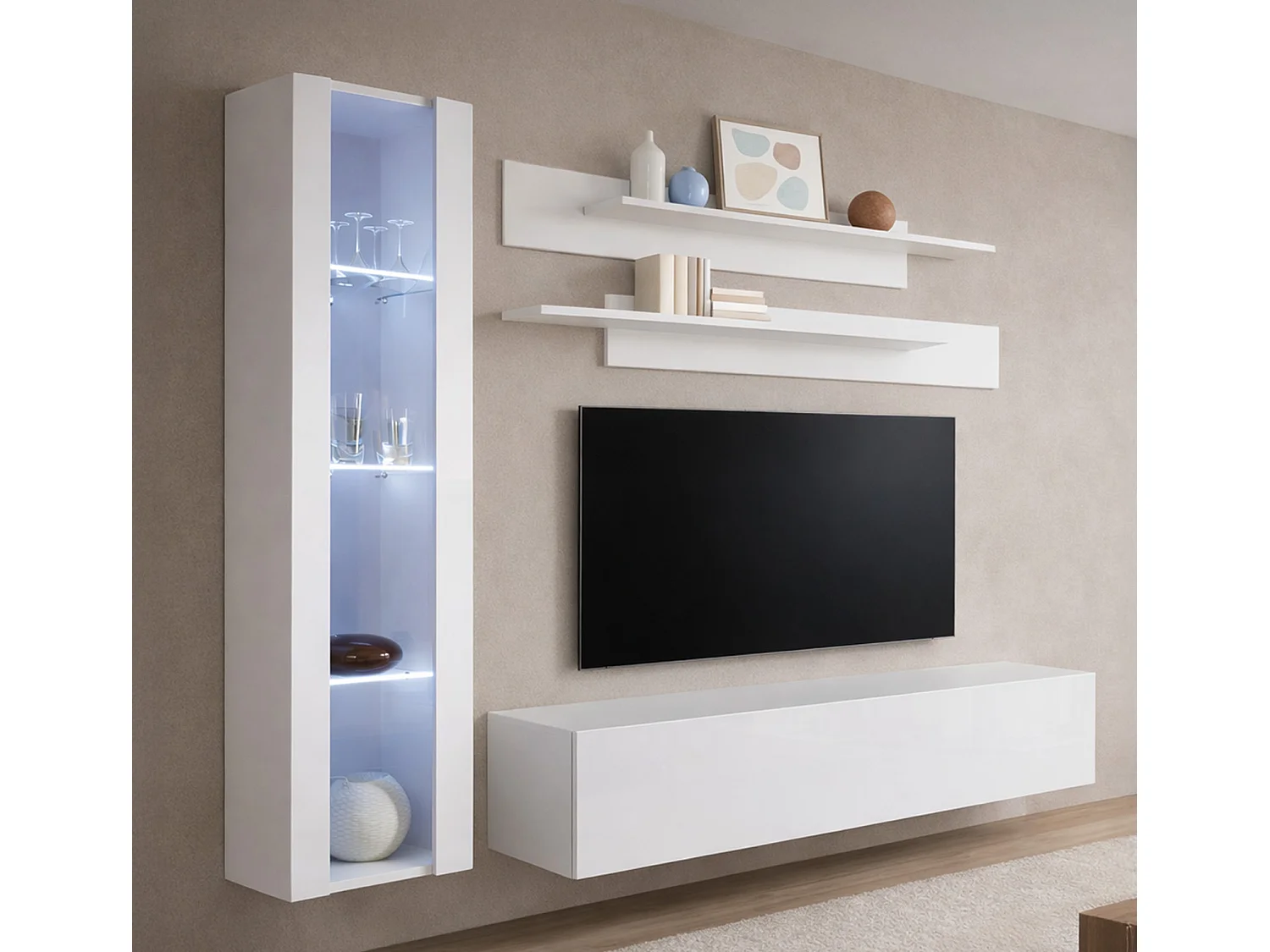 Meuble tv mural pour Salon Salle à manger en Blanc avec LED 210x40x160cm Nora 2