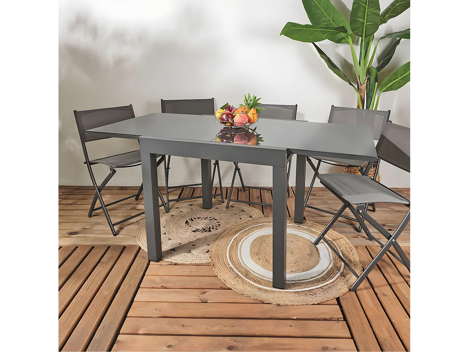 AYDEN - Table Allongeable de Jardin Grise en Métal Plateau Verre Trempé