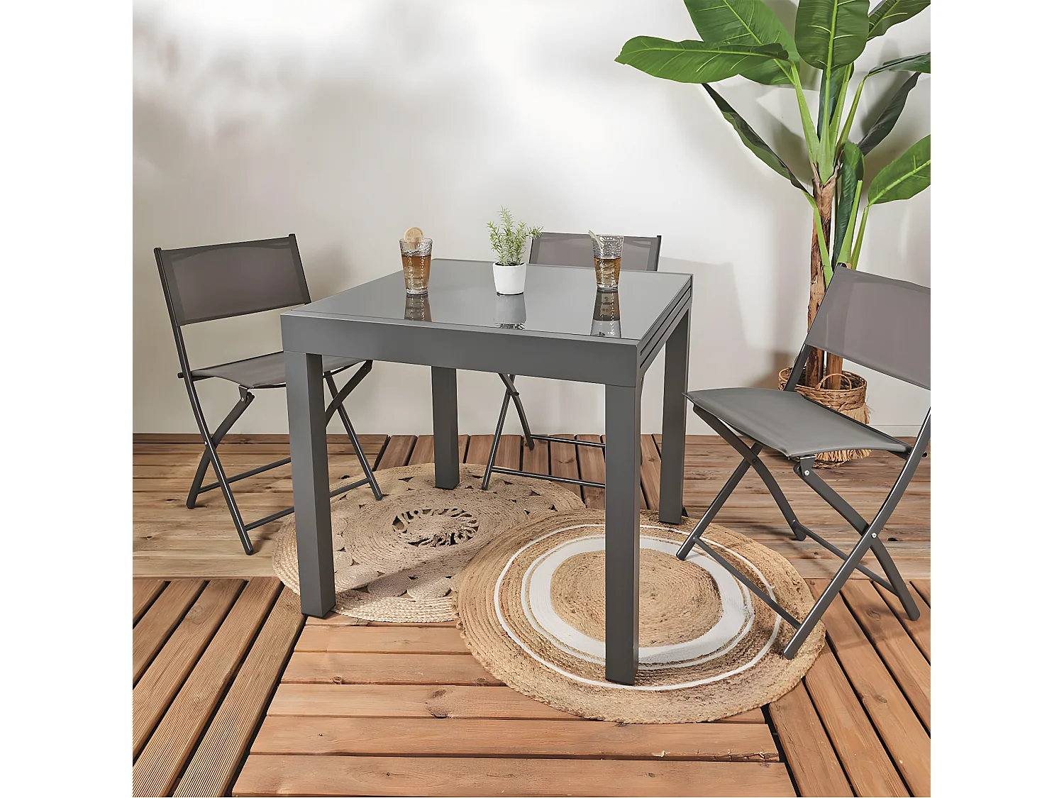 AYDEN - Table Allongeable de Jardin Grise en Métal Plateau Verre Trempé