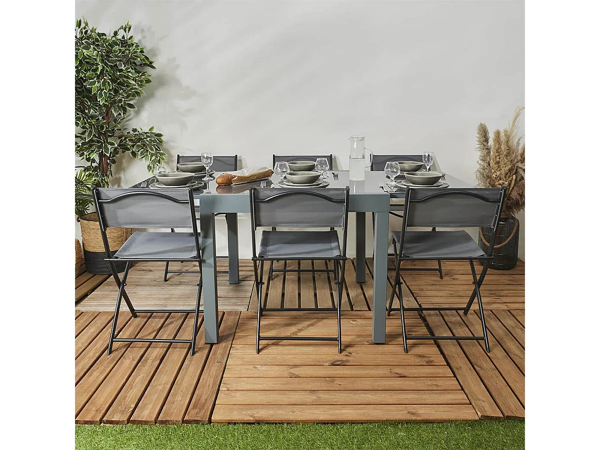 AYDEN - Table Allongeable de Jardin Grise en Métal Plateau Verre Trempé