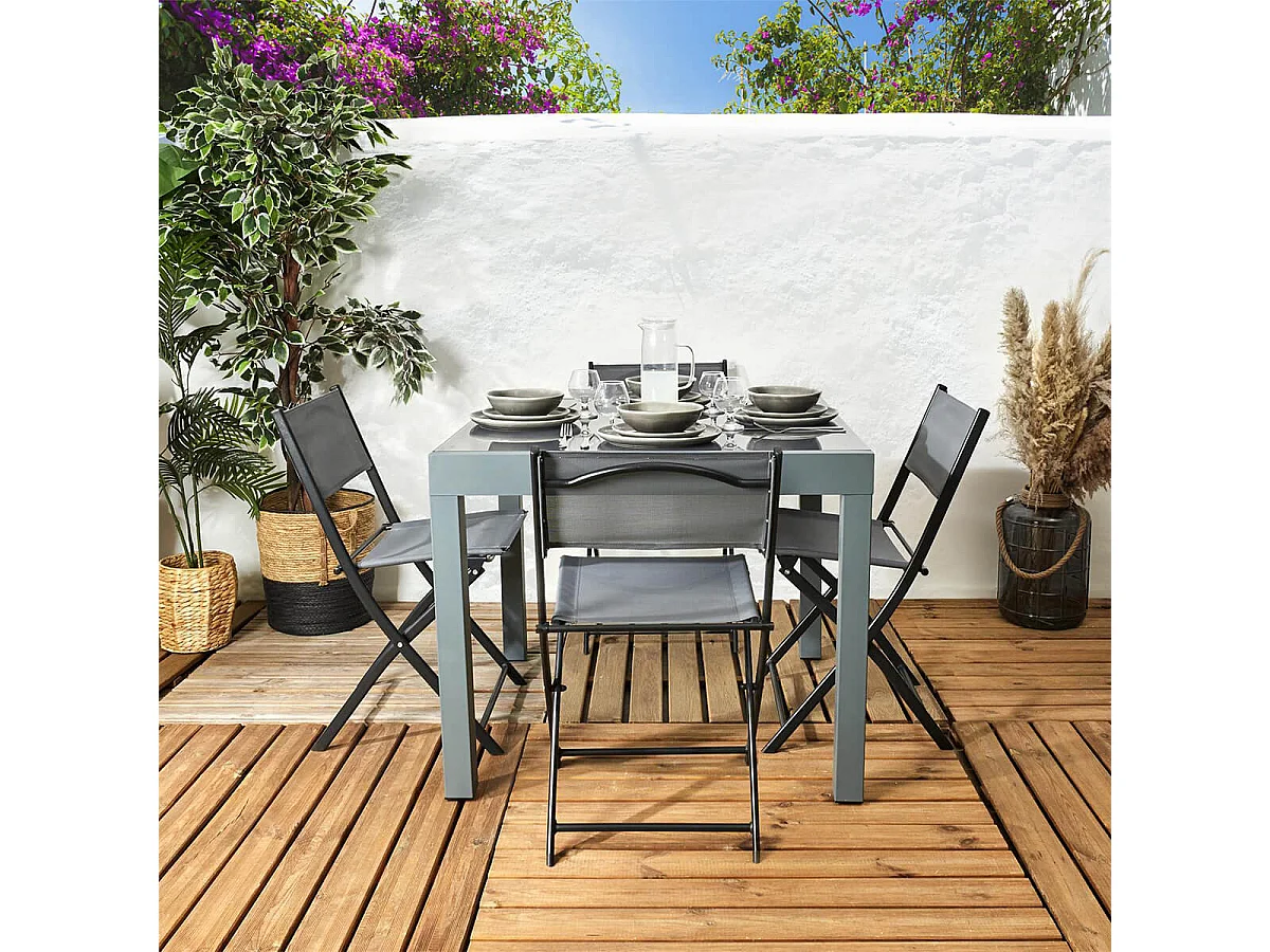 AYDEN - Table Allongeable de Jardin Grise en Métal Plateau Verre Trempé