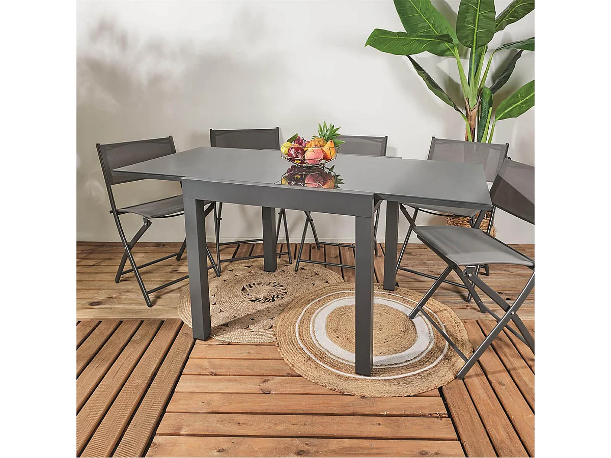 AYDEN - Table Allongeable de Jardin Grise en Métal Plateau Verre Trempé