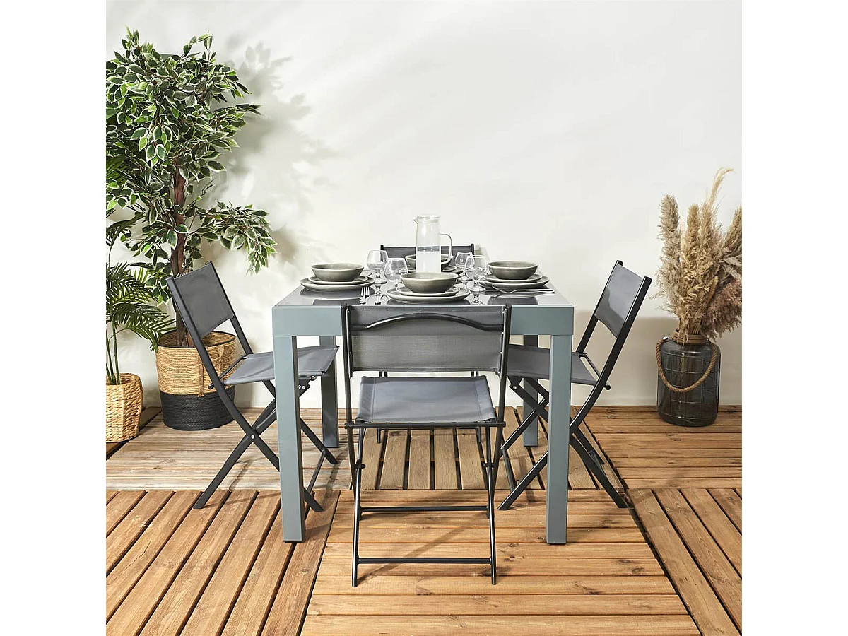 AYDEN - Table Allongeable de Jardin Grise en Métal Plateau Verre Trempé