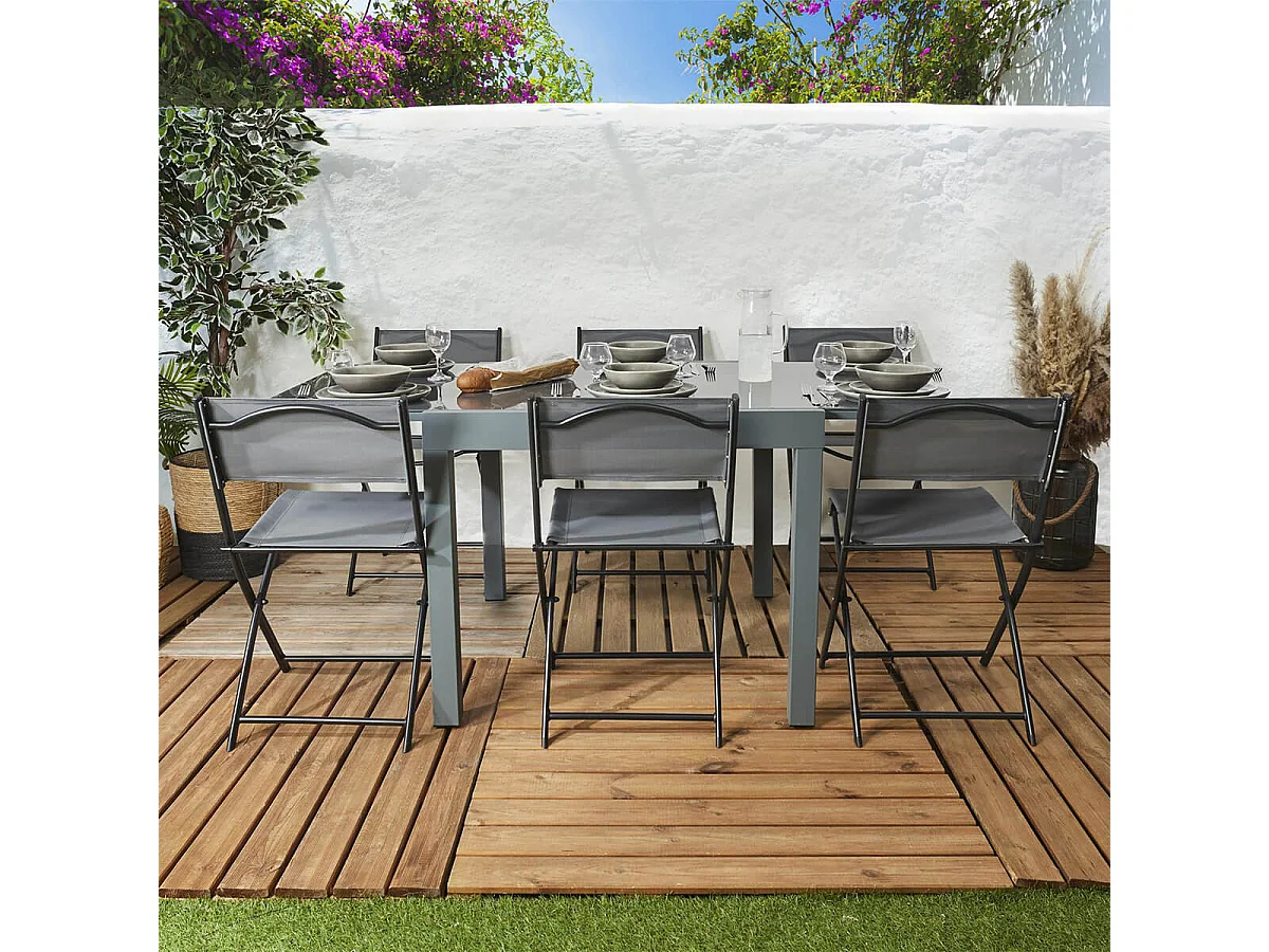 AYDEN - Table Allongeable de Jardin Grise en Métal Plateau Verre Trempé