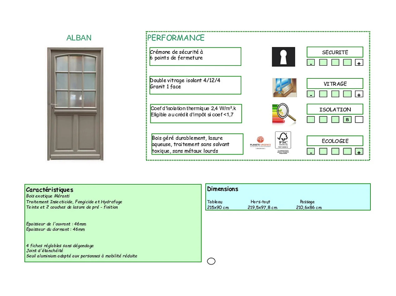 Porte d'entree Bois  vitree, Alban Gris  RAL 7039, H,215xl,90  p,gauche Cotes Tableau
