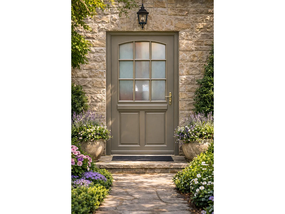 Porte D'entrée Bois Vitrée Alban Gris Quartz, H215 X L90 Cm Côte Tableau P. Gauche Gd Menuiseries