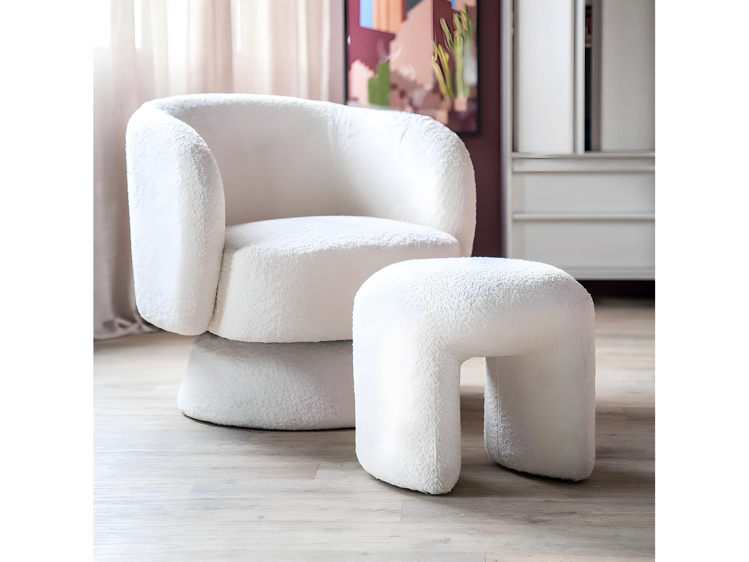 Sahi - Pouf en tissu bouclette - Beige