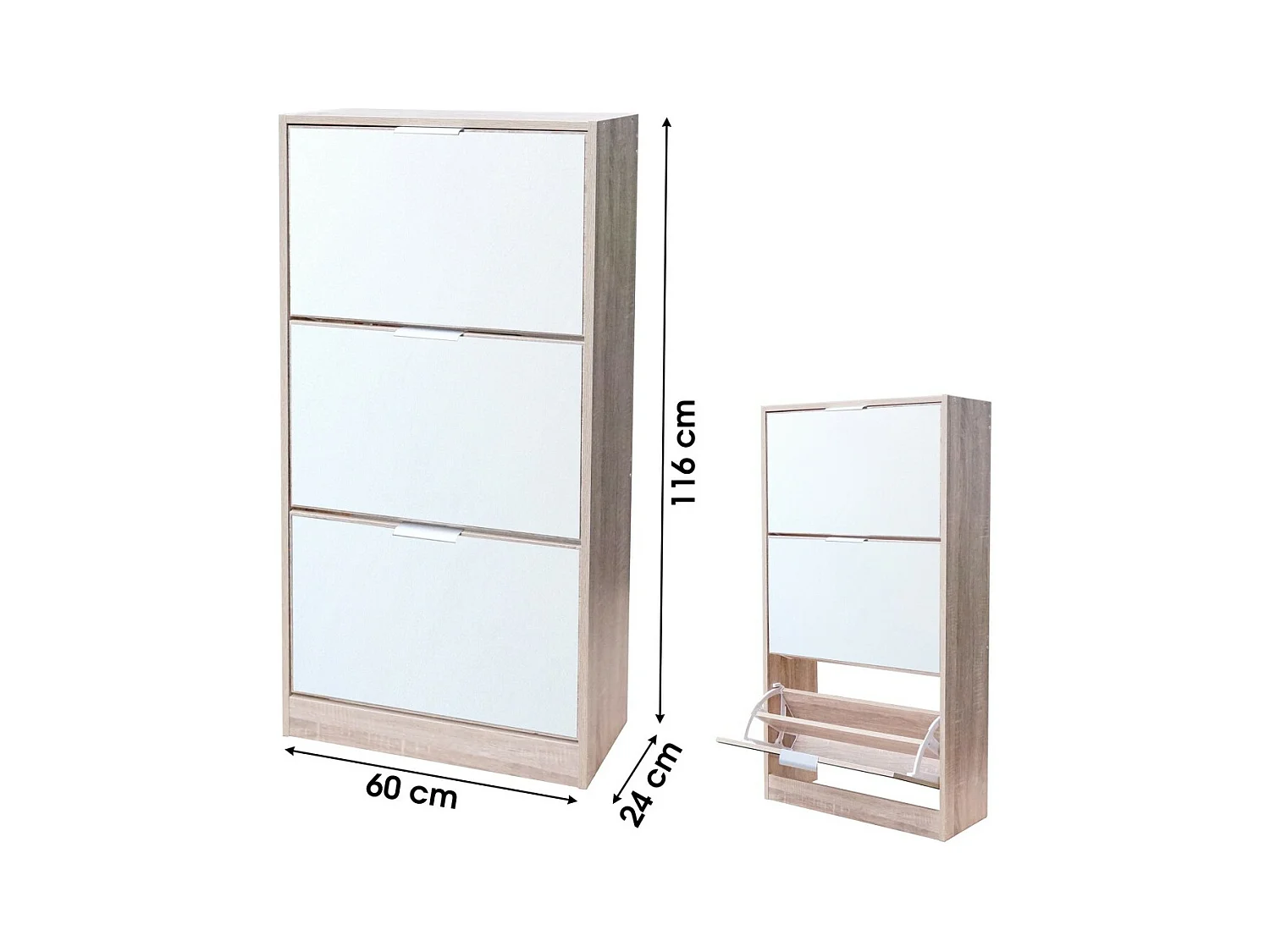 Meuble à chaussures style design – Coloris chêne clair avec façade miroir – 60x24x116 cm – Collection REFLEXIO