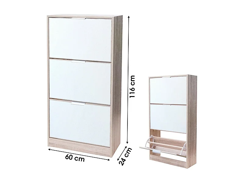 Meuble à chaussures style design – Coloris chêne clair avec façade miroir – 60x24x116 cm – Collection REFLEXIO