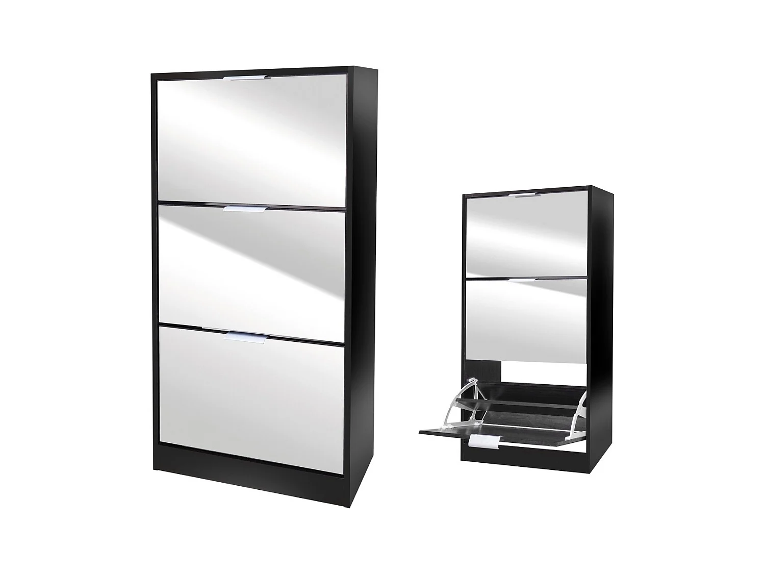 Meuble à chaussures style design – Coloris noir avec façade miroir – 60x24x116 cm – Collection REFLEXIO