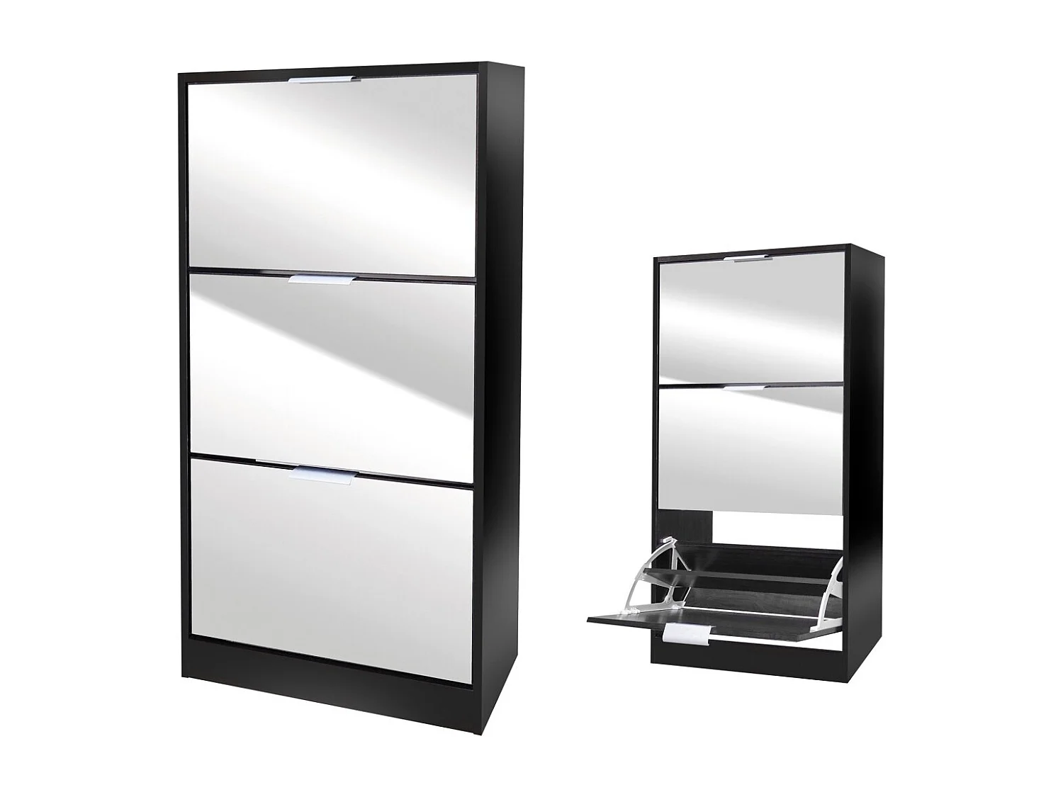 Meuble à chaussures style design – Coloris noir avec façade miroir – 60x24x116 cm – Collection REFLEXIO