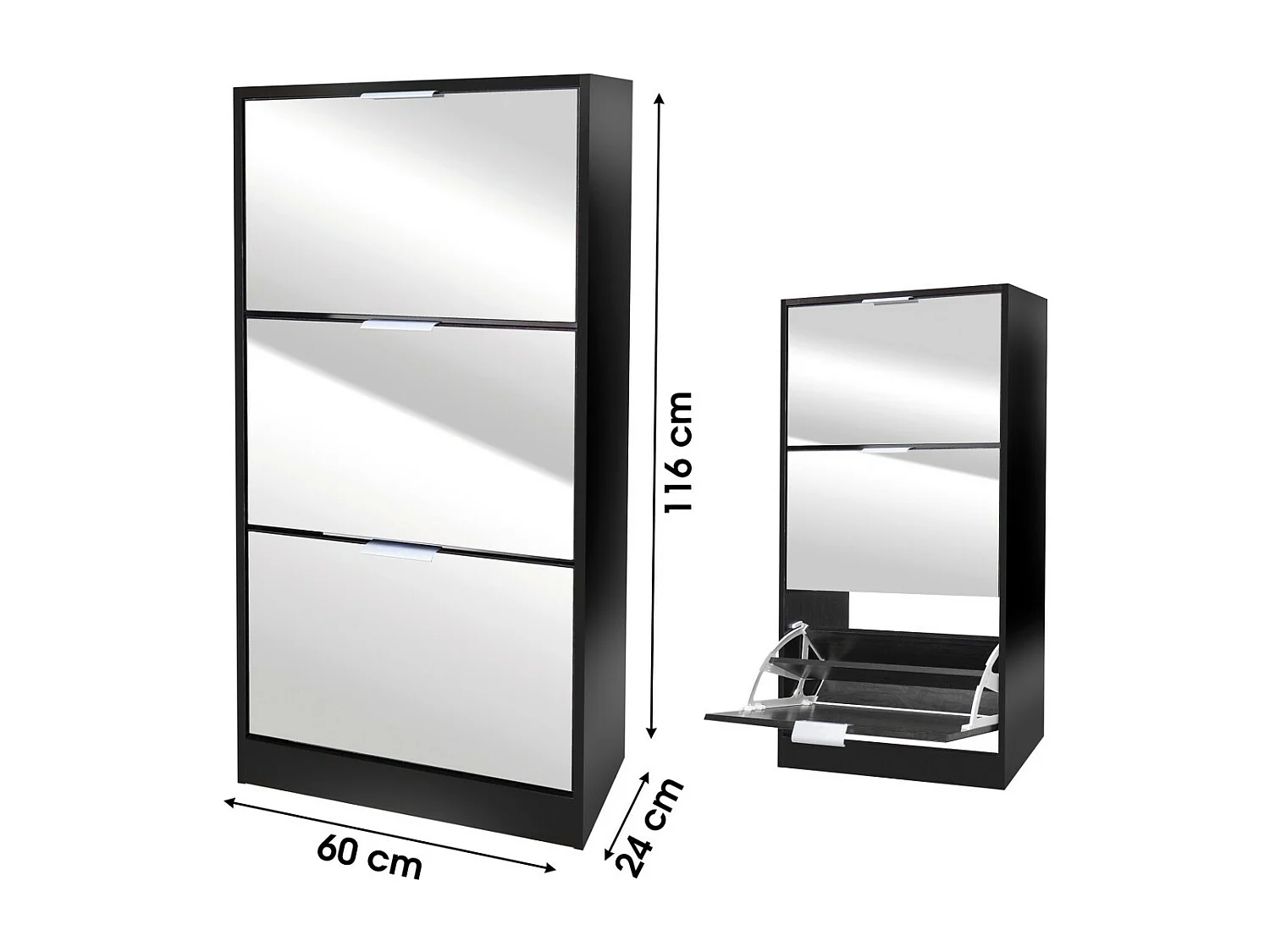 Meuble à chaussures style design – Coloris noir avec façade miroir – 60x24x116 cm – Collection REFLEXIO