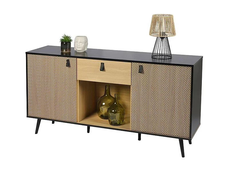 Aparador de 2 puertas, 1 cajón y un hueco – Estilo diseño, dimensiones 150x40x78 cm, colores roble claro y negro.