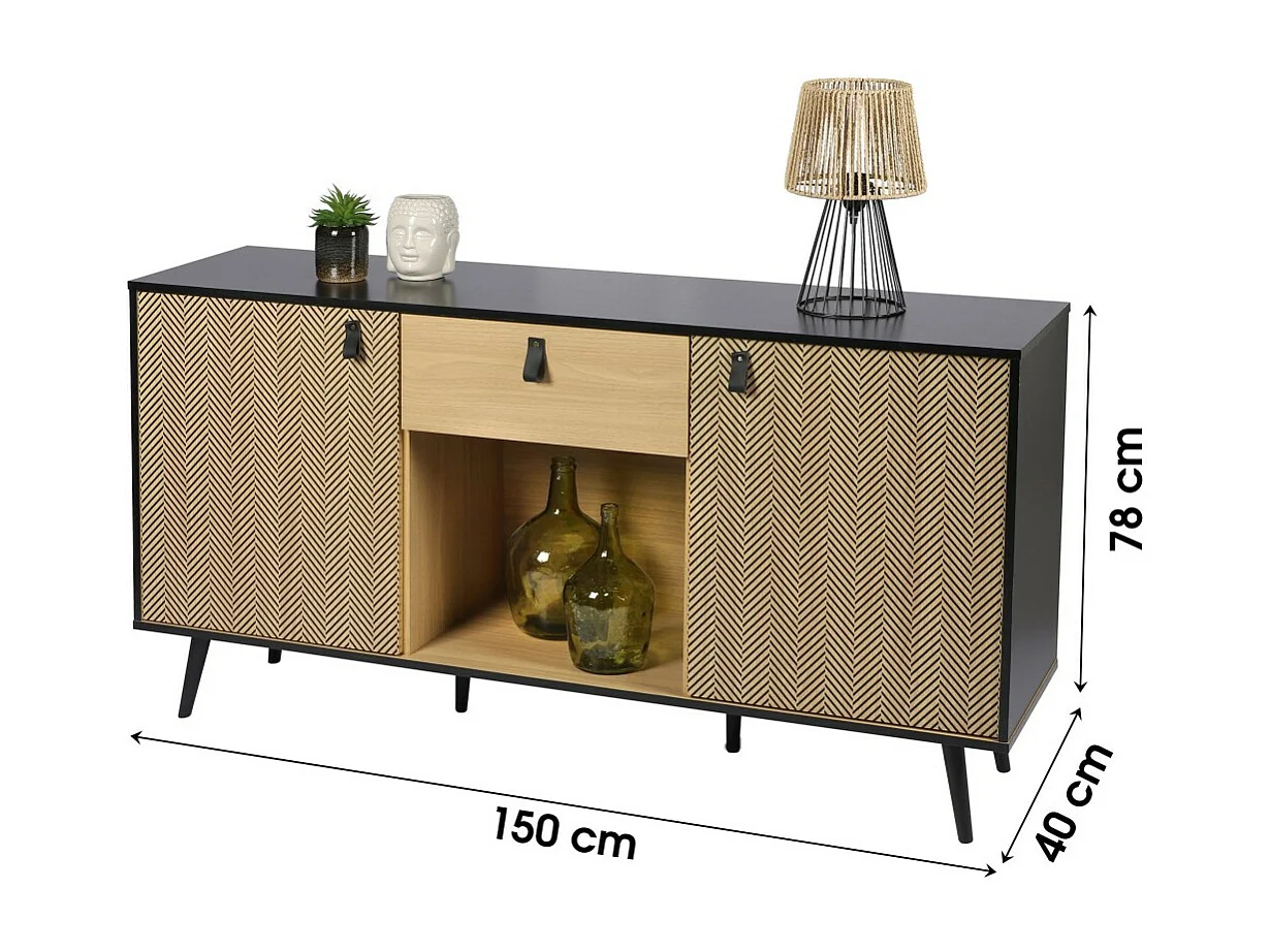Aparador de 2 puertas, 1 cajón y un hueco – Estilo diseño, dimensiones 150x40x78 cm, colores roble claro y negro.