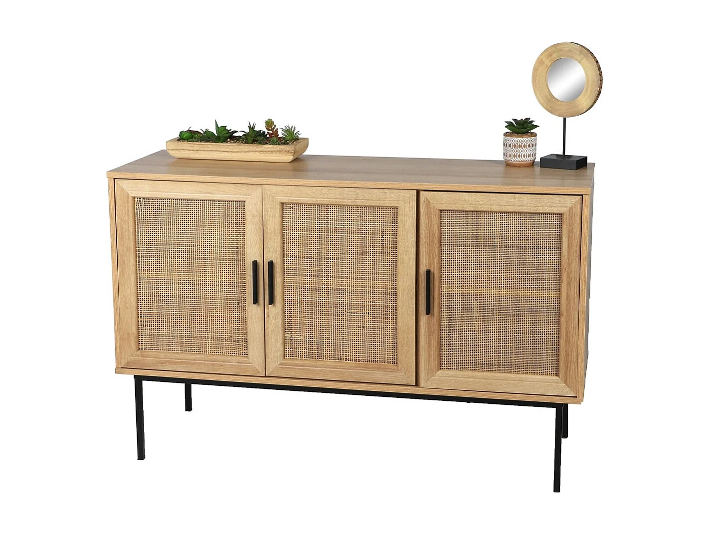 Buffet trois portes en jute – Style rustique, coloris chêne clair, dimensions 120x39x75 cm – Collection SAVORY