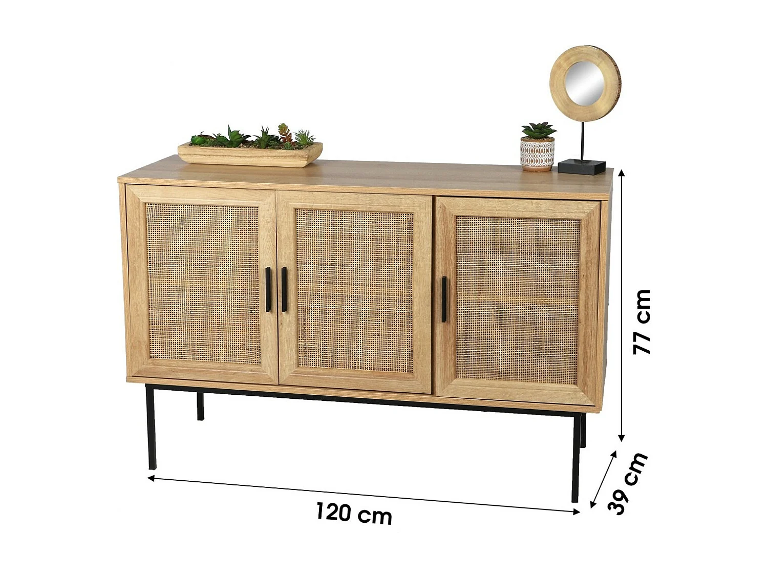 Buffet trois portes en jute – Style rustique, coloris chêne clair, dimensions 120x39x75 cm – Collection SAVORY