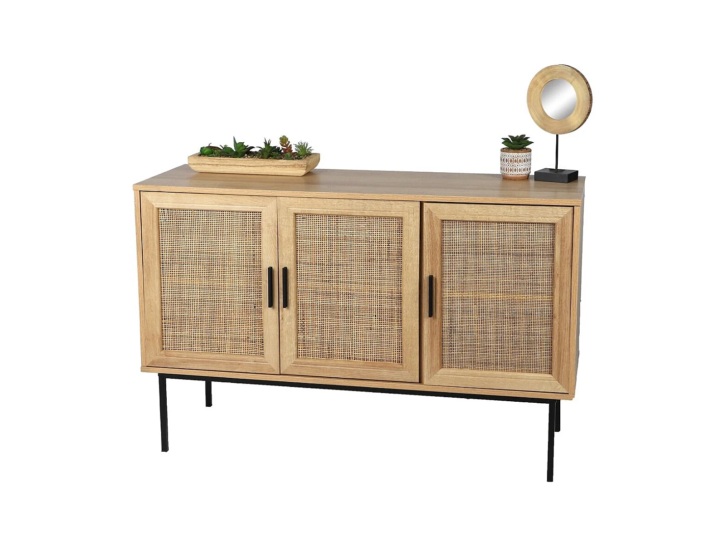 Driedeurs buffet van jute - Rustieke stijl, lichte eiken kleur, afmetingen 120x39x75 cm - Collectie SAVORY