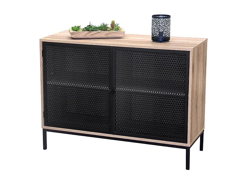 Buffet mit 2 Türen und schwarzem Metallgitter – Farbe helles Eichenholz, Abmessungen 100x40xH75 cm – Kollektion METALIX