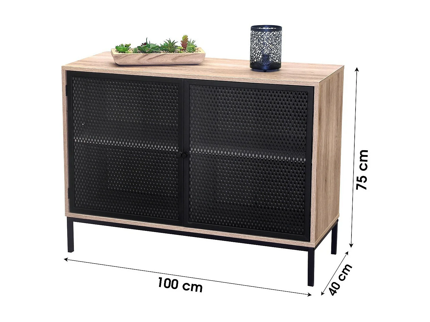 Buffet mit 2 Türen und schwarzem Metallgitter – Farbe helles Eichenholz, Abmessungen 100x40xH75 cm – Kollektion METALIX