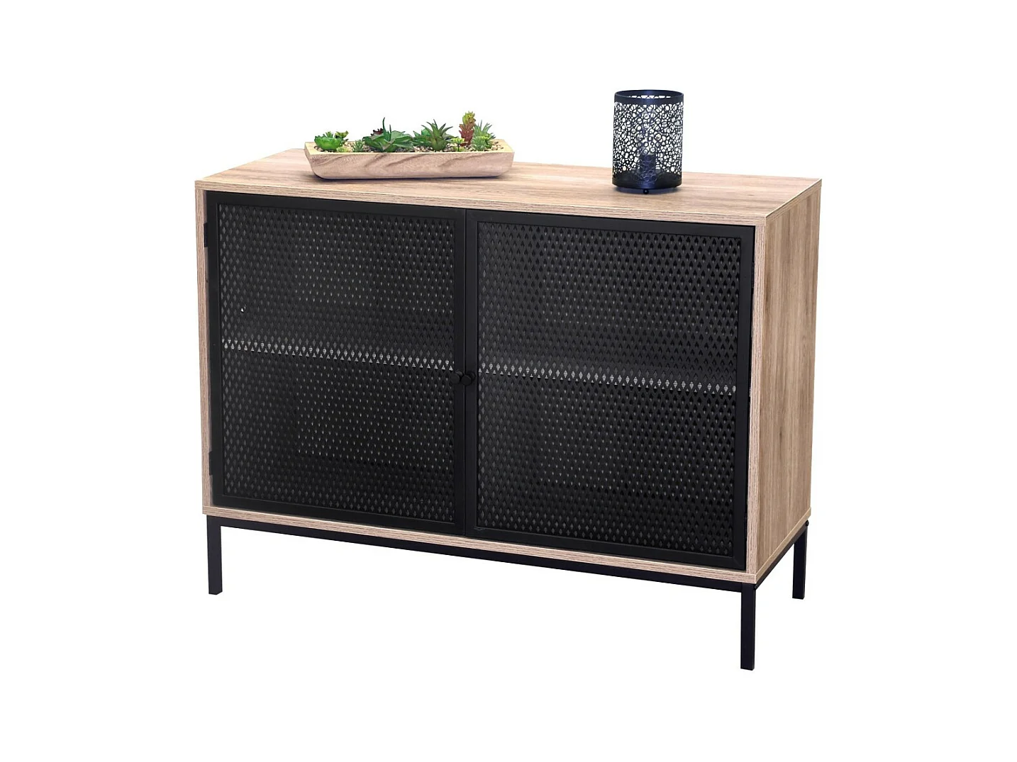 Buffet met 2 deuren en zwart metalen gaas - Licht eiken kleur, afmetingen 100x40xH75 cm - Collectie METALIX