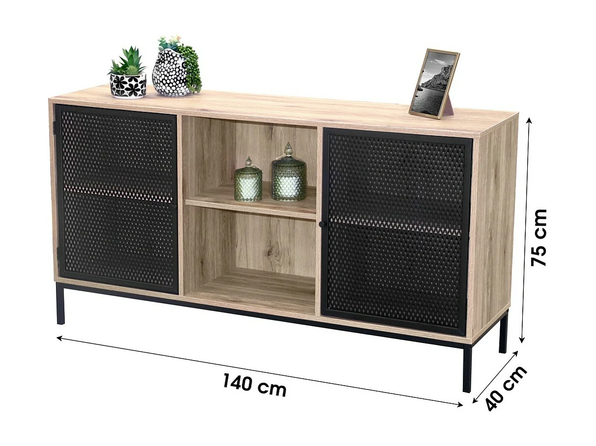 Buffet de 2 portas com grade de metal preto e duas nichos, cor de carvalho claro - dimensões 140x40xH75cm