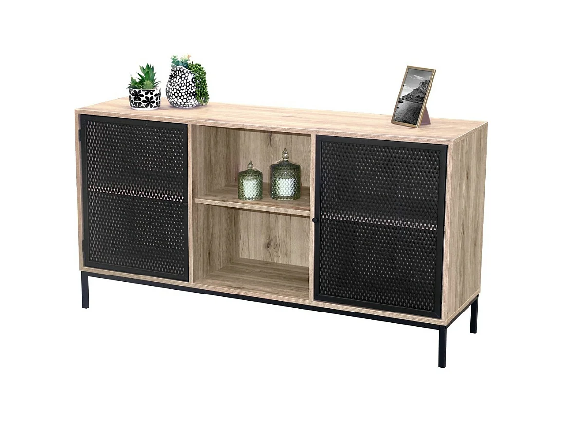 Buffet met 2 deuren met zwart metalen traliewerk - Licht eiken kleur, afmetingen 100x40xH75 cm - Collectie METALIX