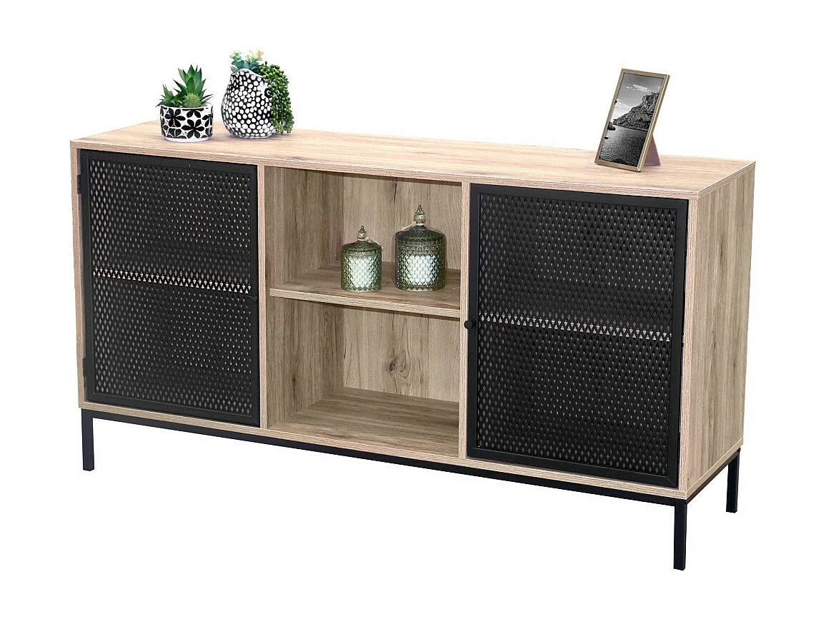 Buffet de 2 puertas con rejilla de metal negro - Color roble claro, dimensiones 100x40xH75 cm - Colección METALIX