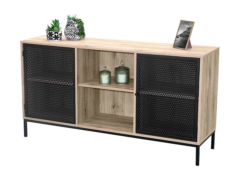 Buffet 2 portes avec grillage en métal noir – Coloris chêne clair, dimensions 100x40xH75 cm – Collection METALIX