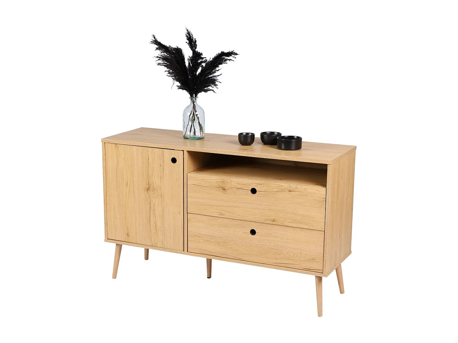 Buffet com uma porta, um nicho e duas gavetas, estilo clássico na cor carvalho claro, dimensões 120x39x75cm.