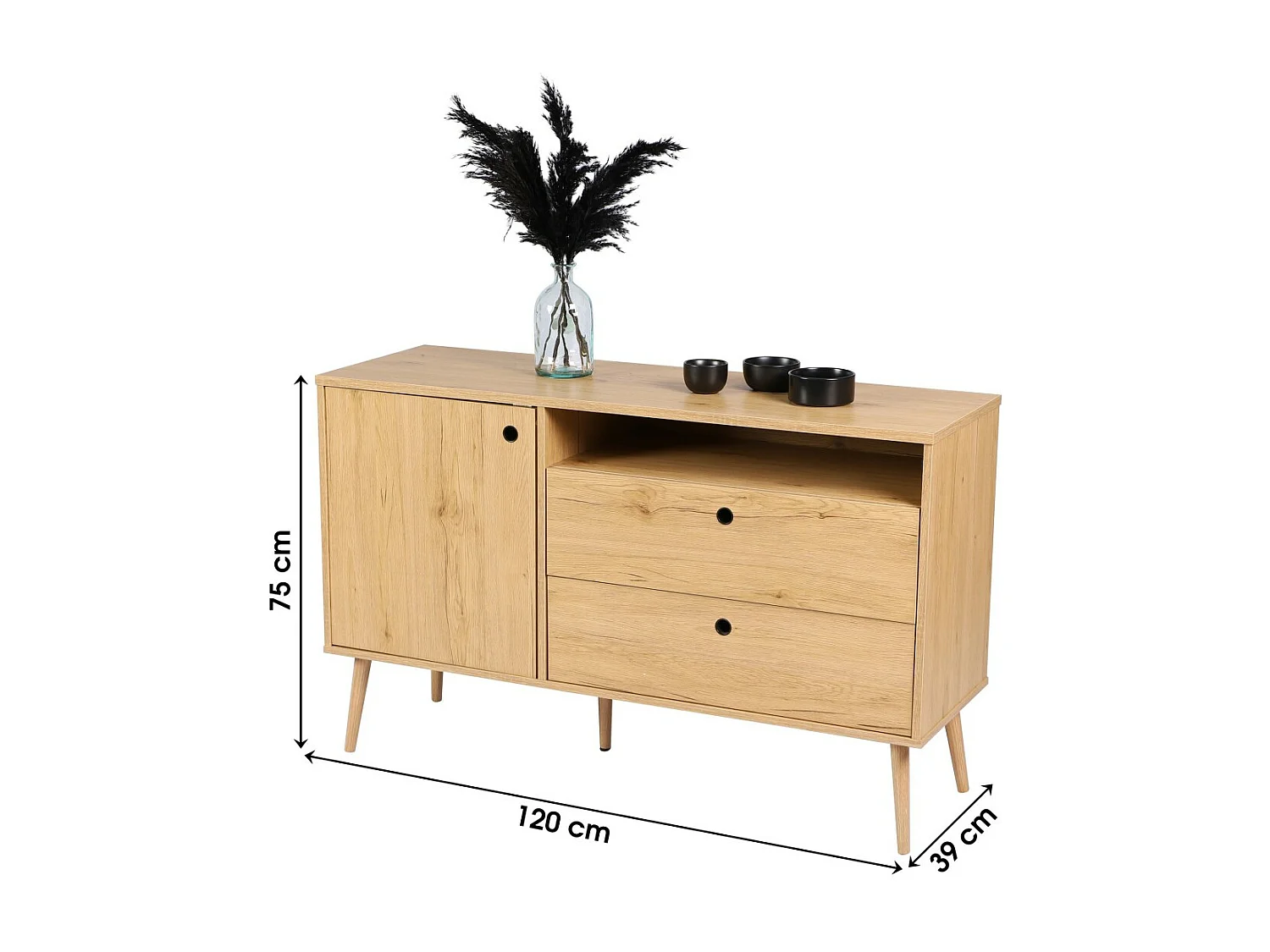 Buffet com uma porta, um nicho e duas gavetas, estilo clássico na cor carvalho claro, dimensões 120x39x75cm.