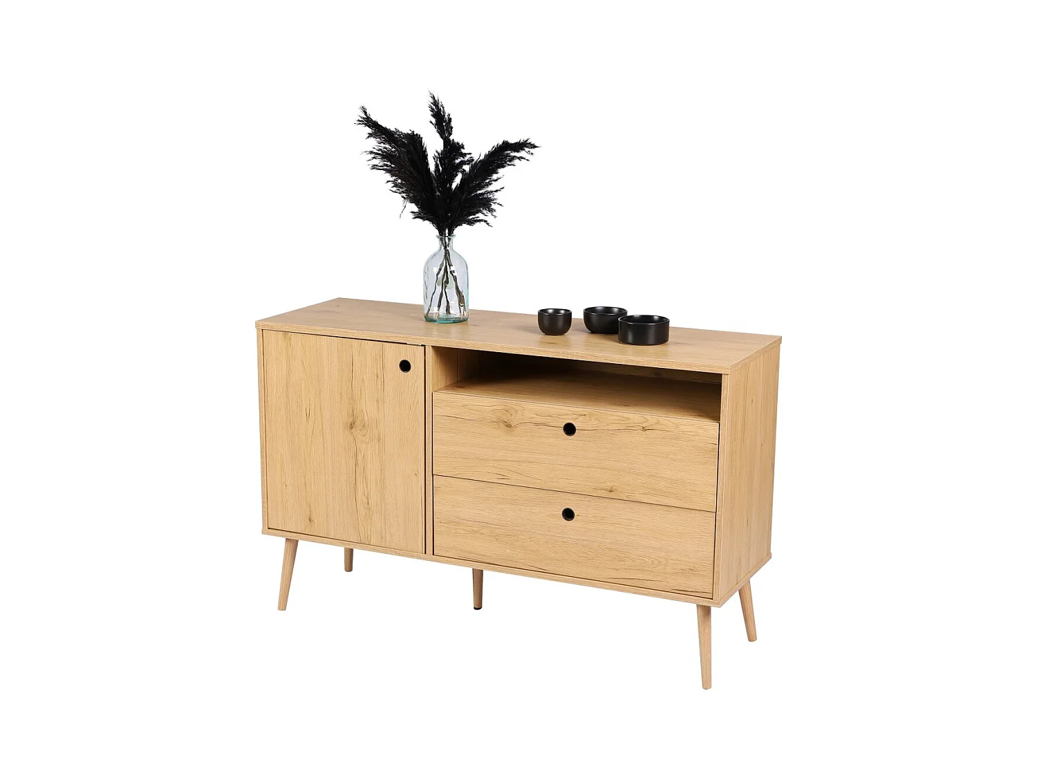 Buffet 1 porte, 1 niche et 2 tiroirs – Style classique, coloris chêne clair – 120x39x75 cm – Collection OAKLANDER